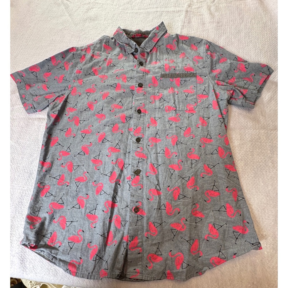 Unionbay Mens Flamingo Print Short Sleeve Button Down Shirt Grey Pink Large